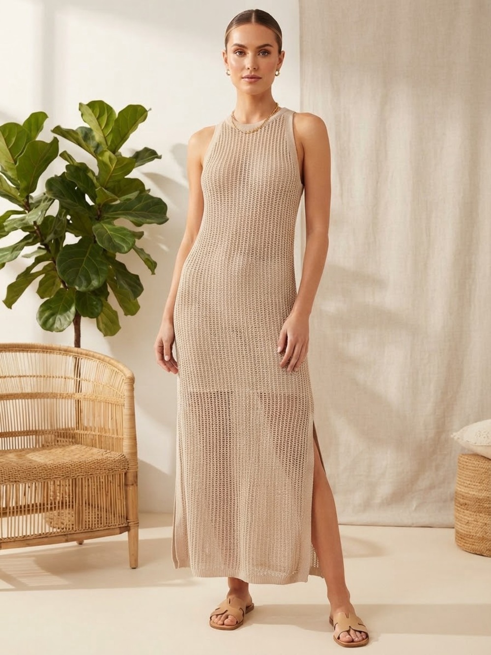 Tahari Light Beige open Knit Maxi Dress - Sleeveless Summer Style large